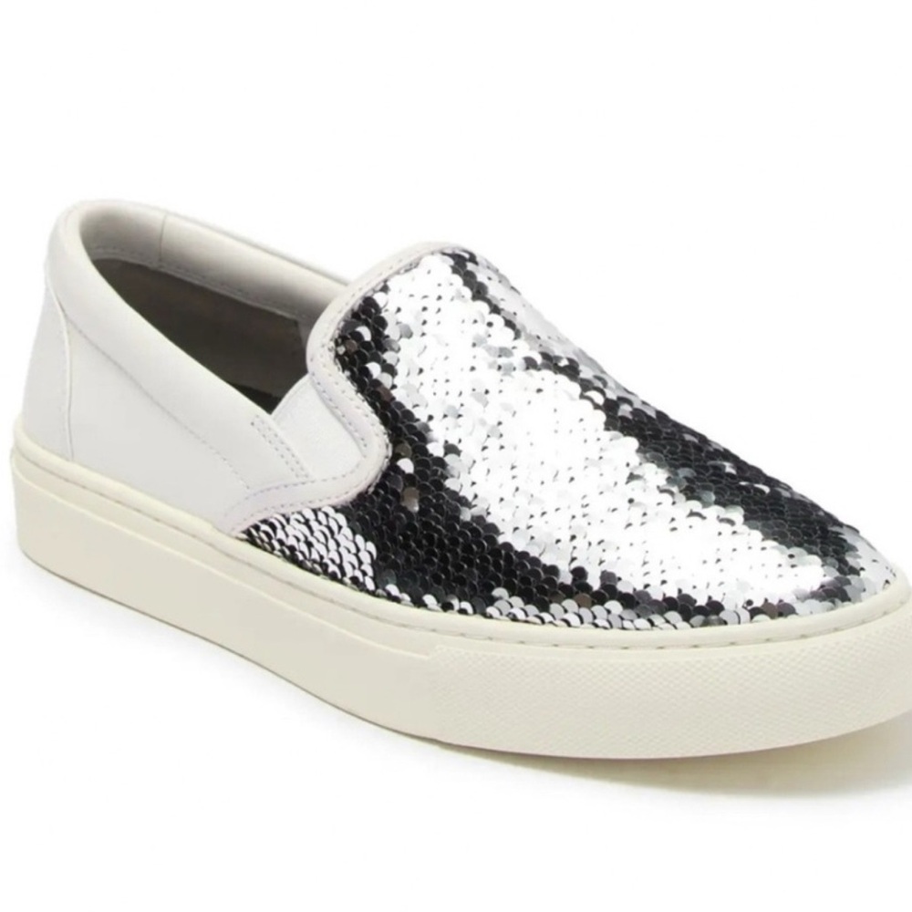 Tory Burch Carter SlipOn Shoes Size 10.5 Silver White Sequin Leather Sneakers